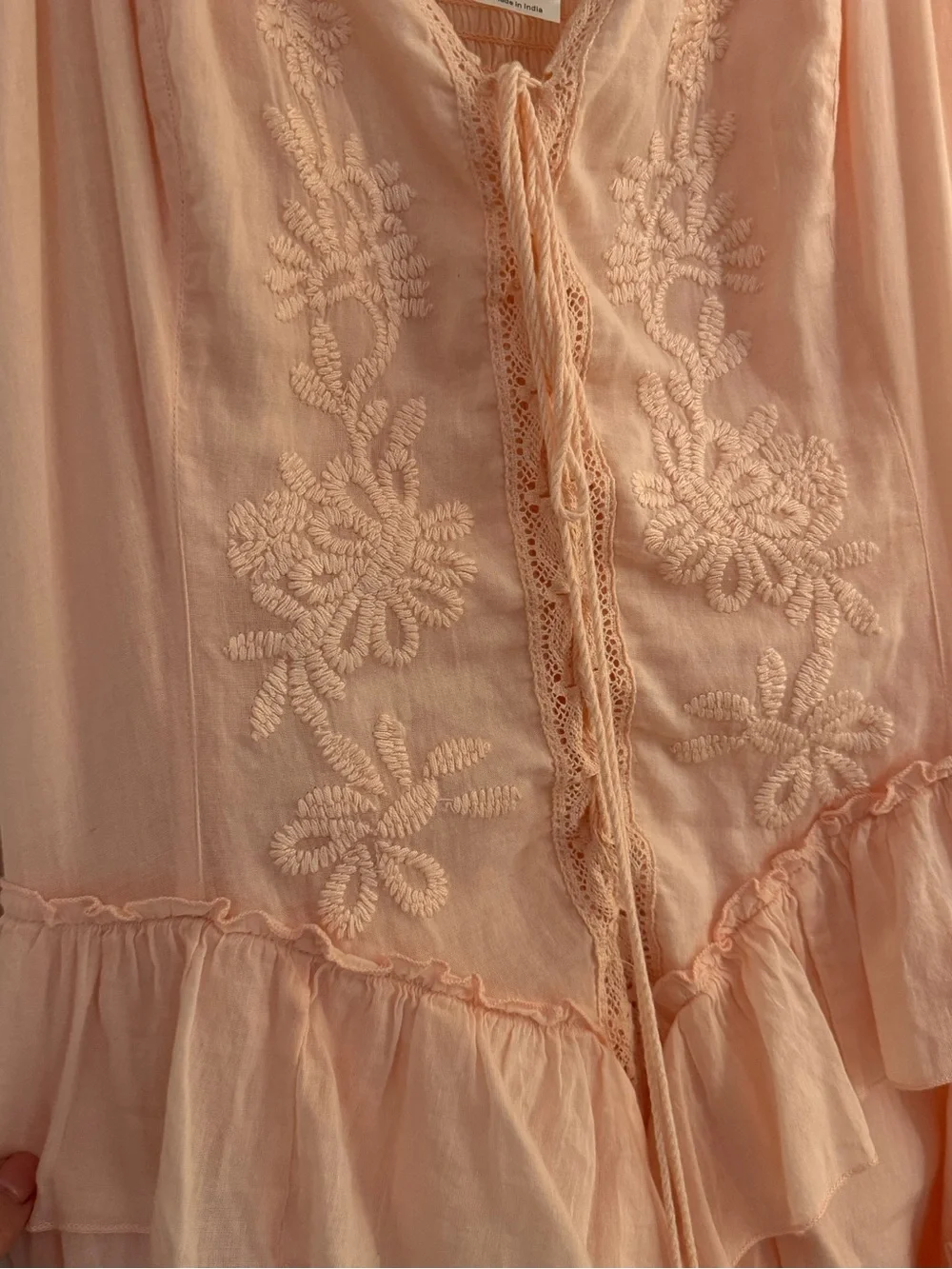 Boho Peach Ruffle Maxi Dress Lace Trim Smocked Back Festival Cottagecore - Picture 6 of 10
